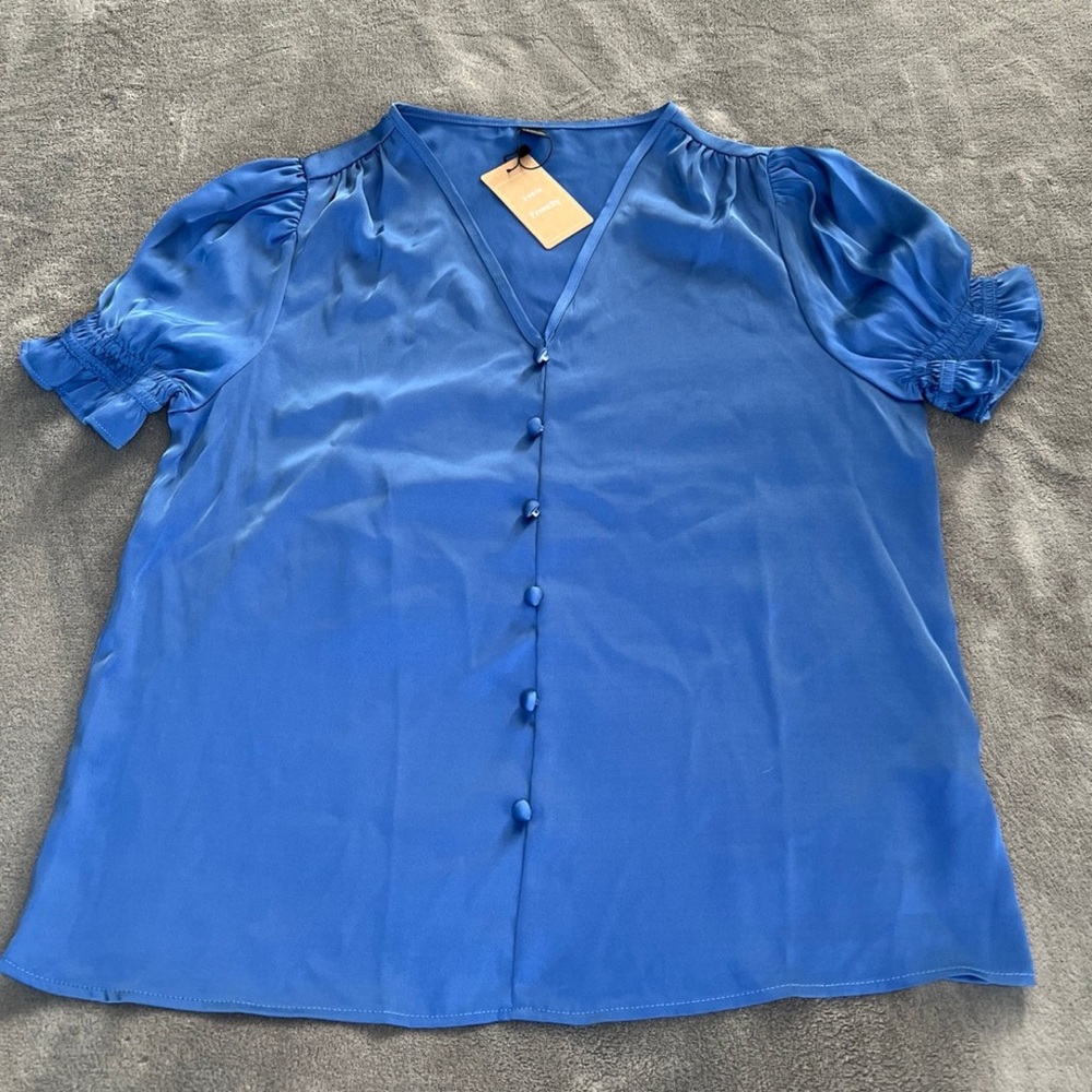 SHEIN Frenchy Puff Sleeve Button Front Blouse Blue Size L